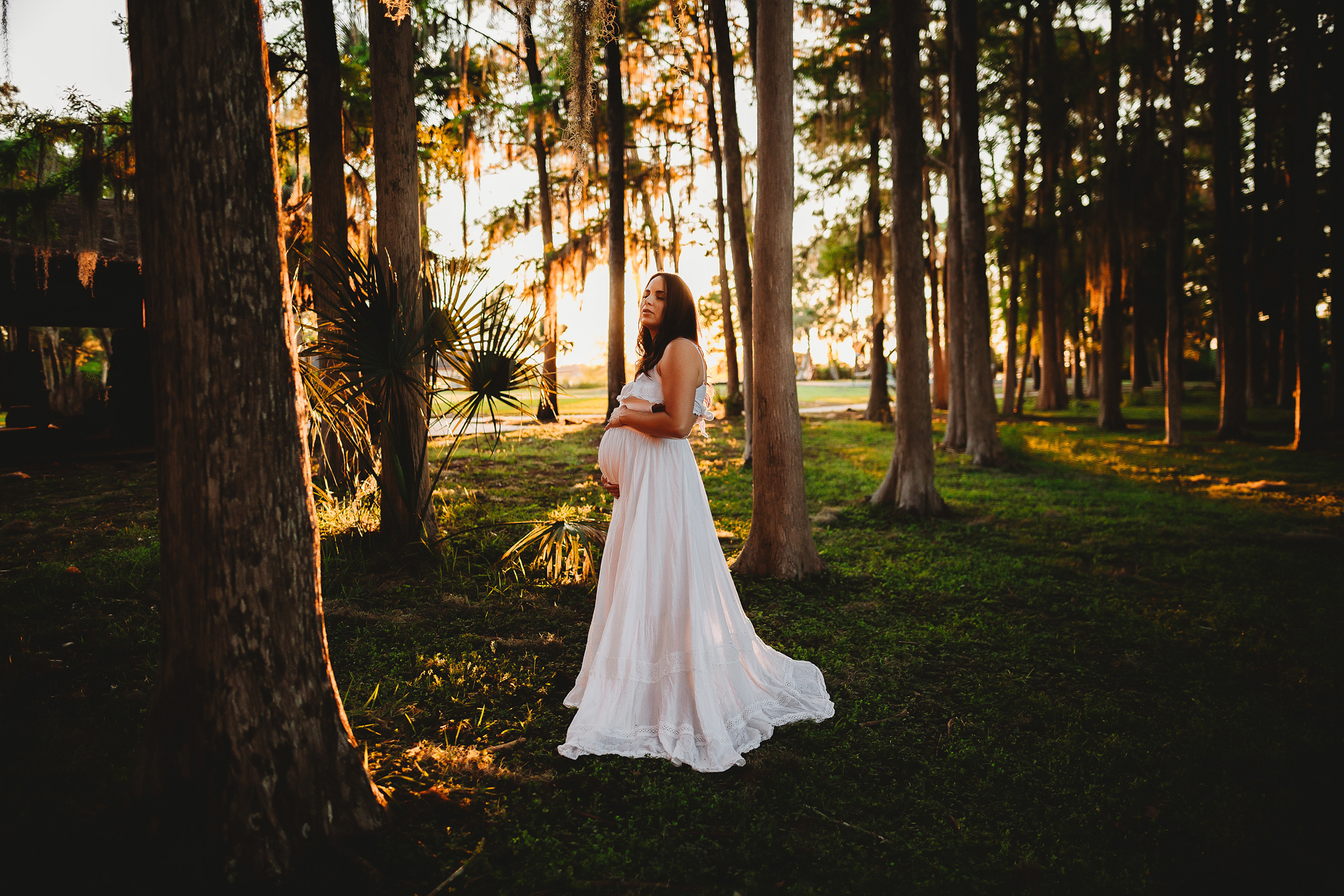  enchanting maternity portraits in the forest at sundown. John chestnut sr park maternity photo shoot in white dress with sunshine glowing through the trees 