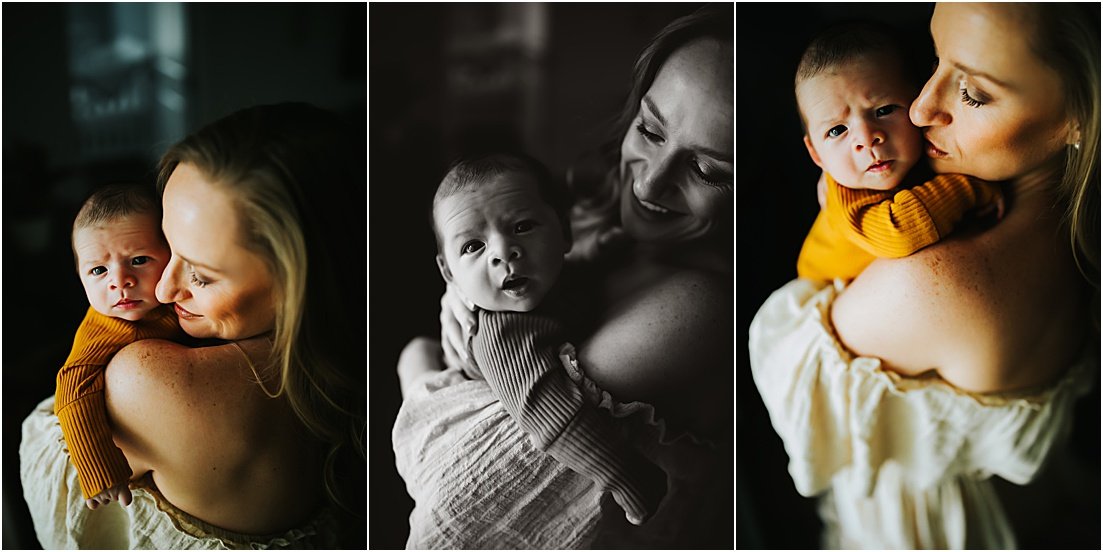 dark and moody mom and baby photos, st Pete infant photographer 