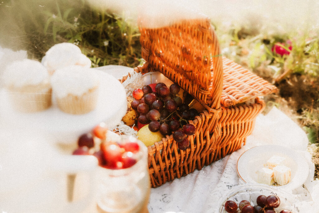 vintage wicker picnic basket prop for photo shoot 